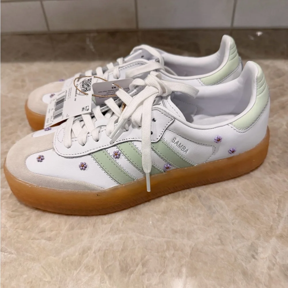 adidas Samba W White with Light Green & Gum Sole - Picture 2 of 5